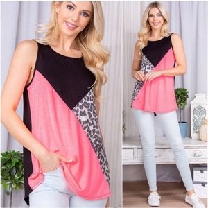 Women's Colorblock neon pink leopard black sleeveless tank top - Small